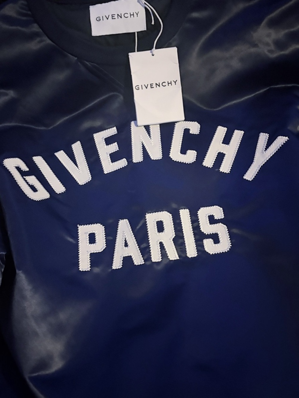 Givenchy Navy Satin Logo Crewneck with White Embroidered Letters
